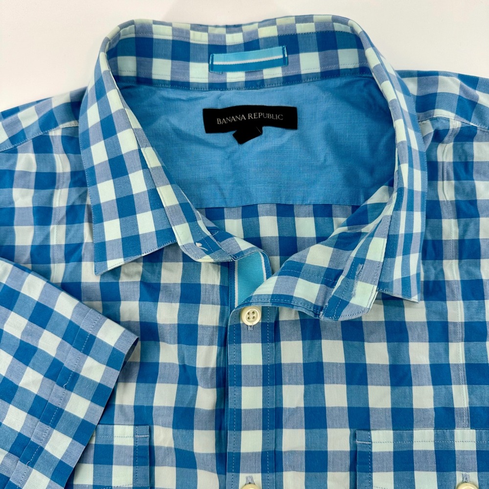 Banana Republic Mens XL Blue White Gingham Short SL Button Down Stretch‎ Shirts - Picture 4 of 16